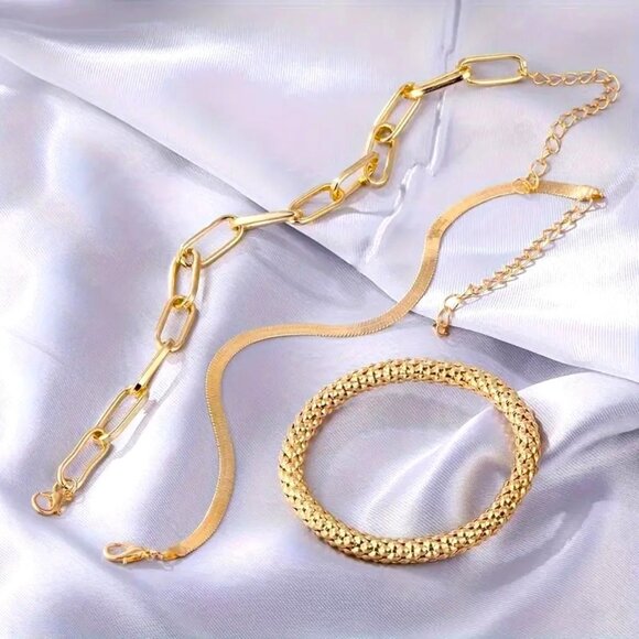Gold Bracelet 3pc Set Snake Chain Herringbone Statement Stylish Glam Elegant - Picture 3 of 5